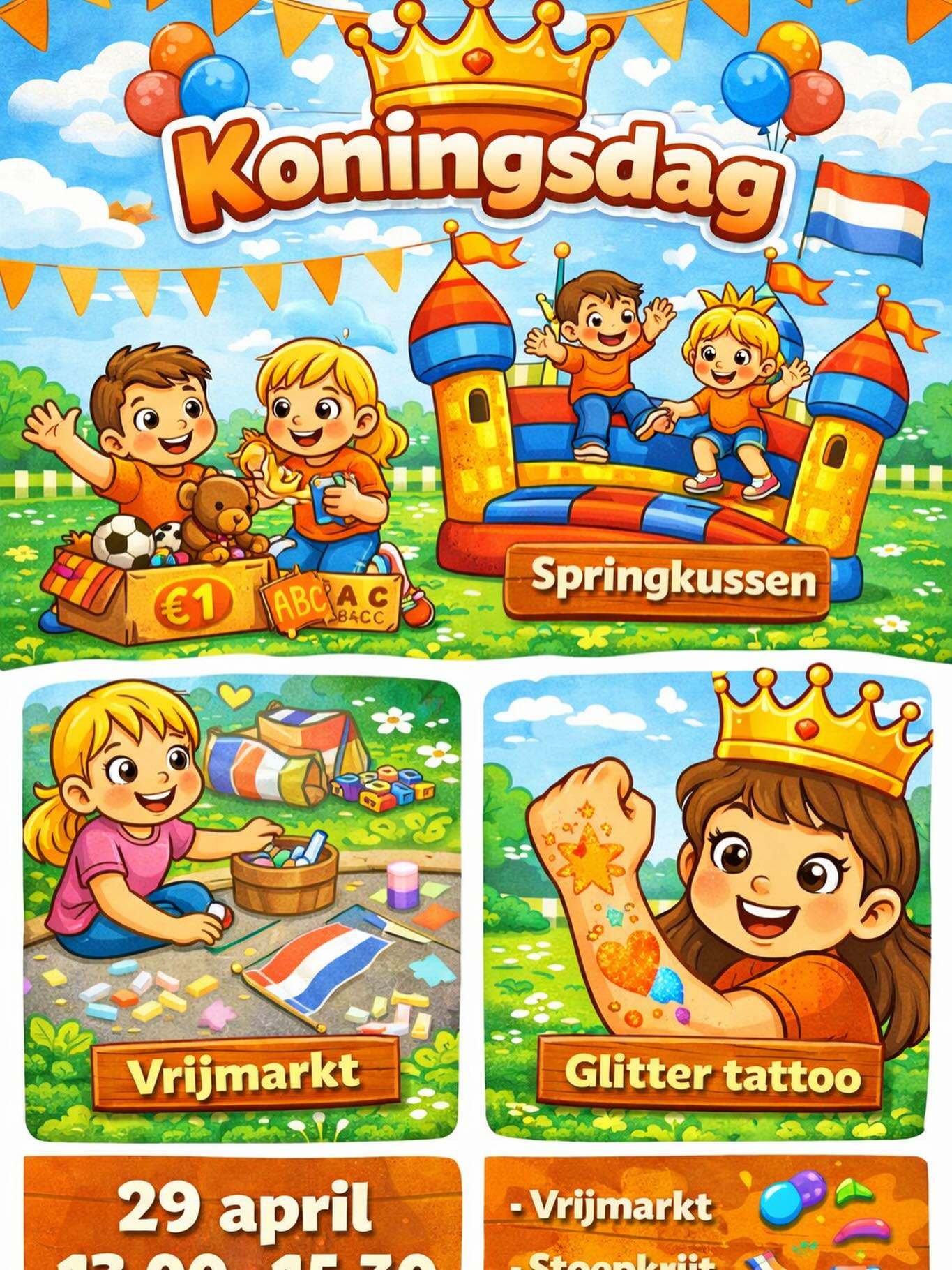 Koningsdag: Springkussen, stoepkrijt, vrijmarkt. Gratis!